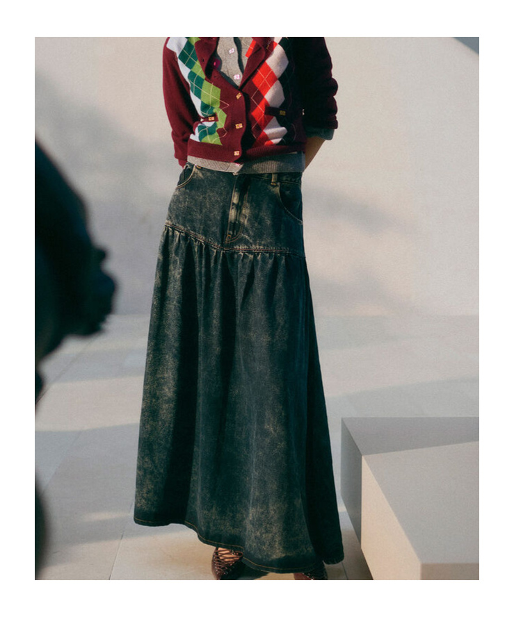 Ganni Black Washed Denim Long Skirt In Black