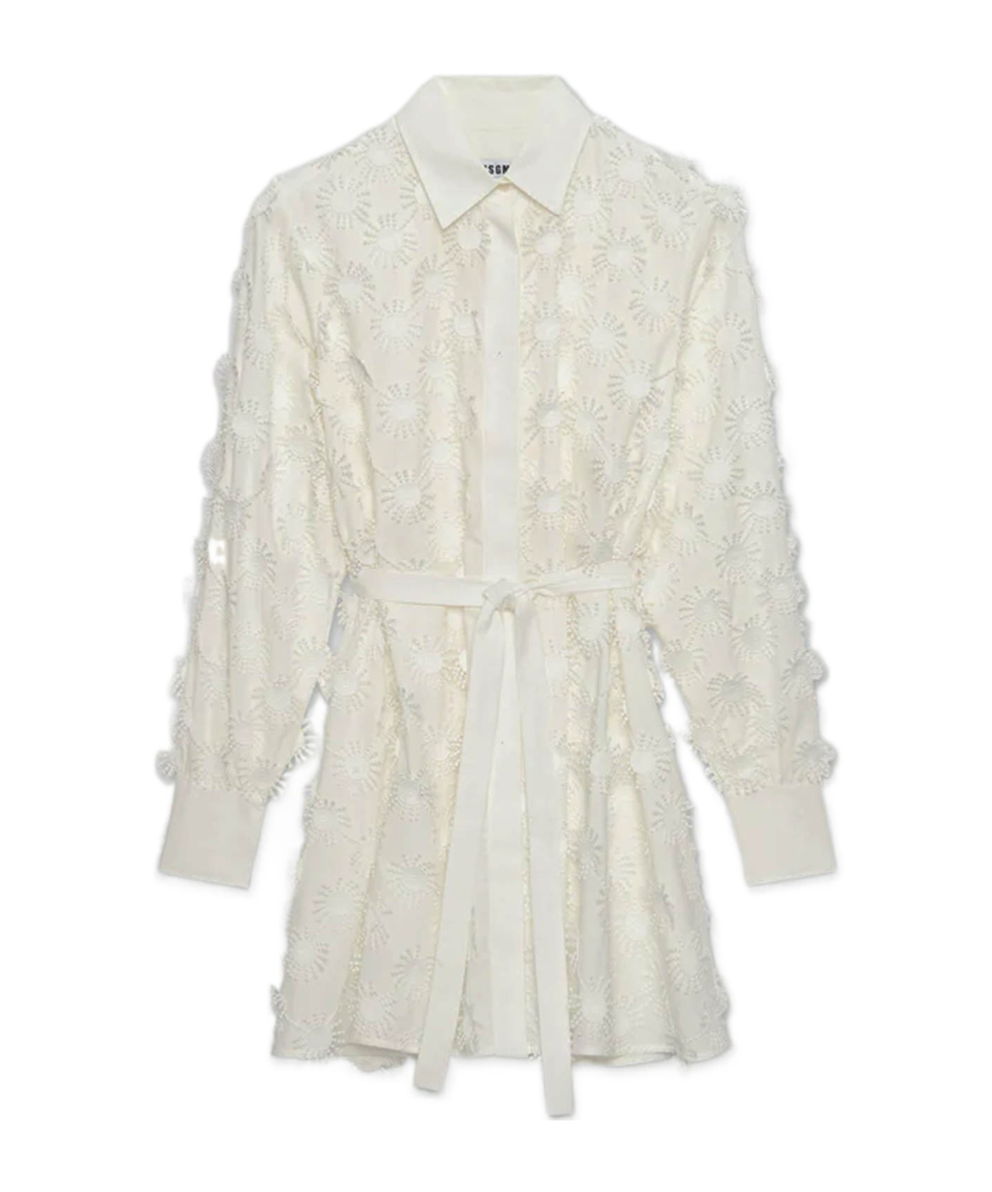 Msgm Seersucker Drawstring Waist Mini Dress In White