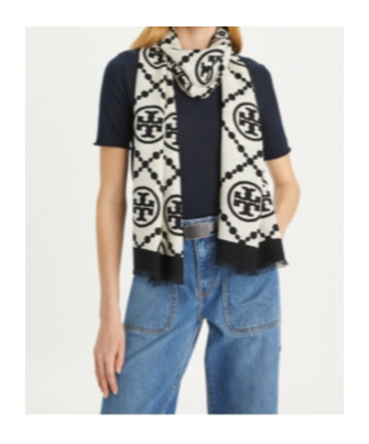 Tory Burch T Monogram Bordered Scarf In Black