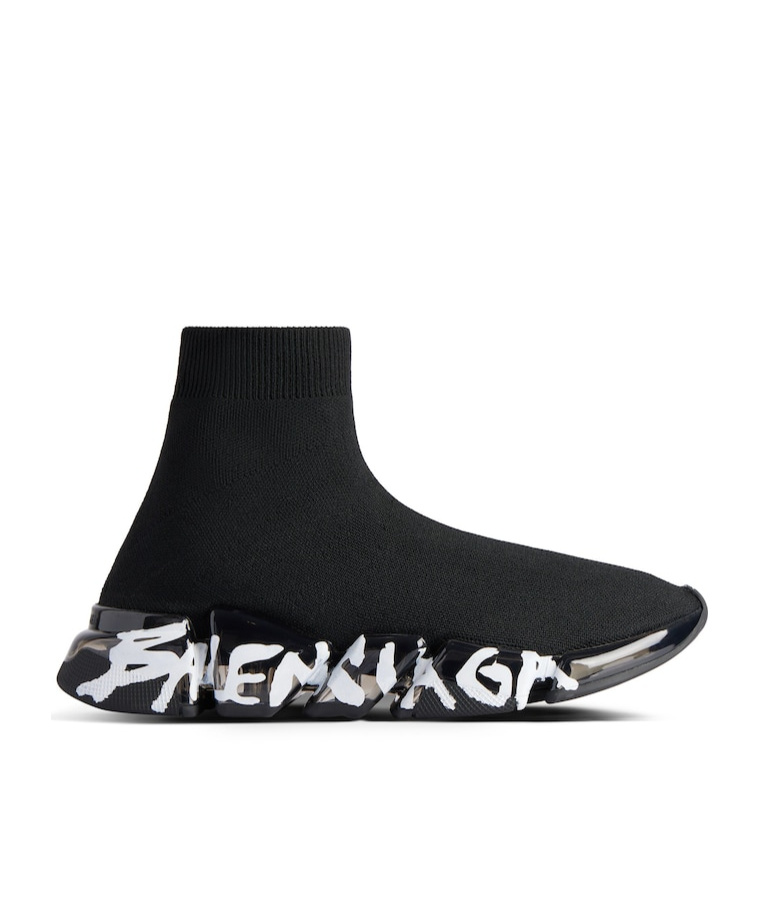 Shop Balenciaga Men's Speed 2.0 Full Clear Sole Graffiti Recycled Knit Sneaker In Black/white