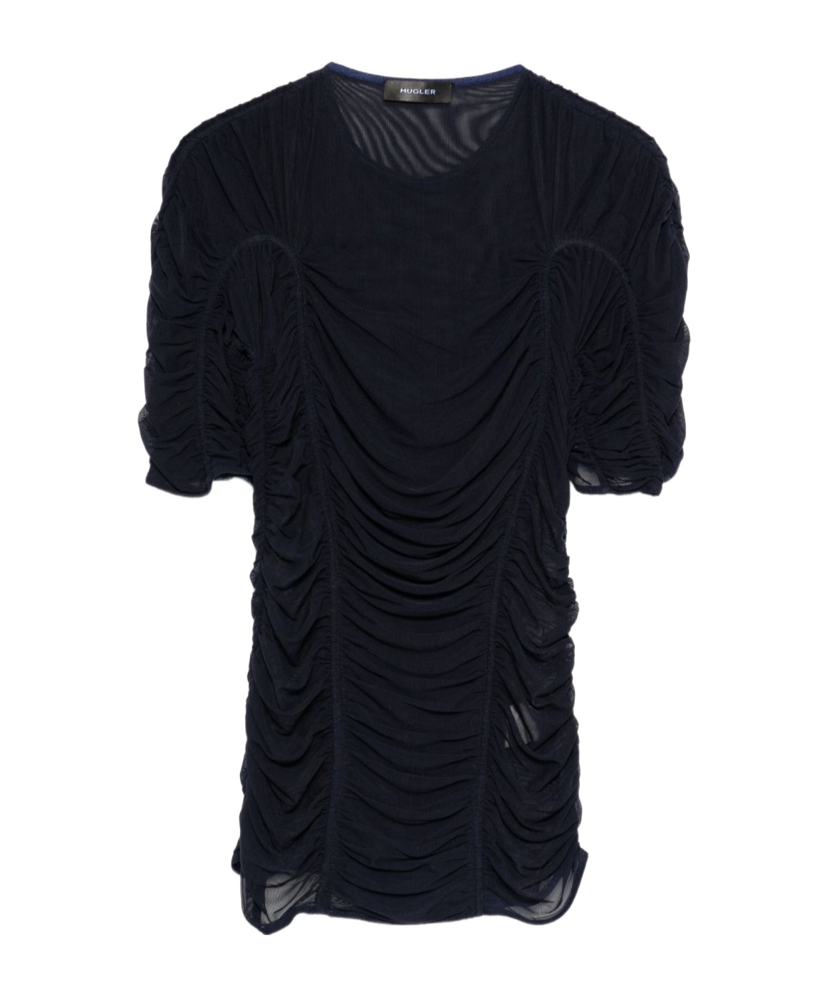 Mugler Crew Neck Mesh Top With Ruched Detailing In Blue