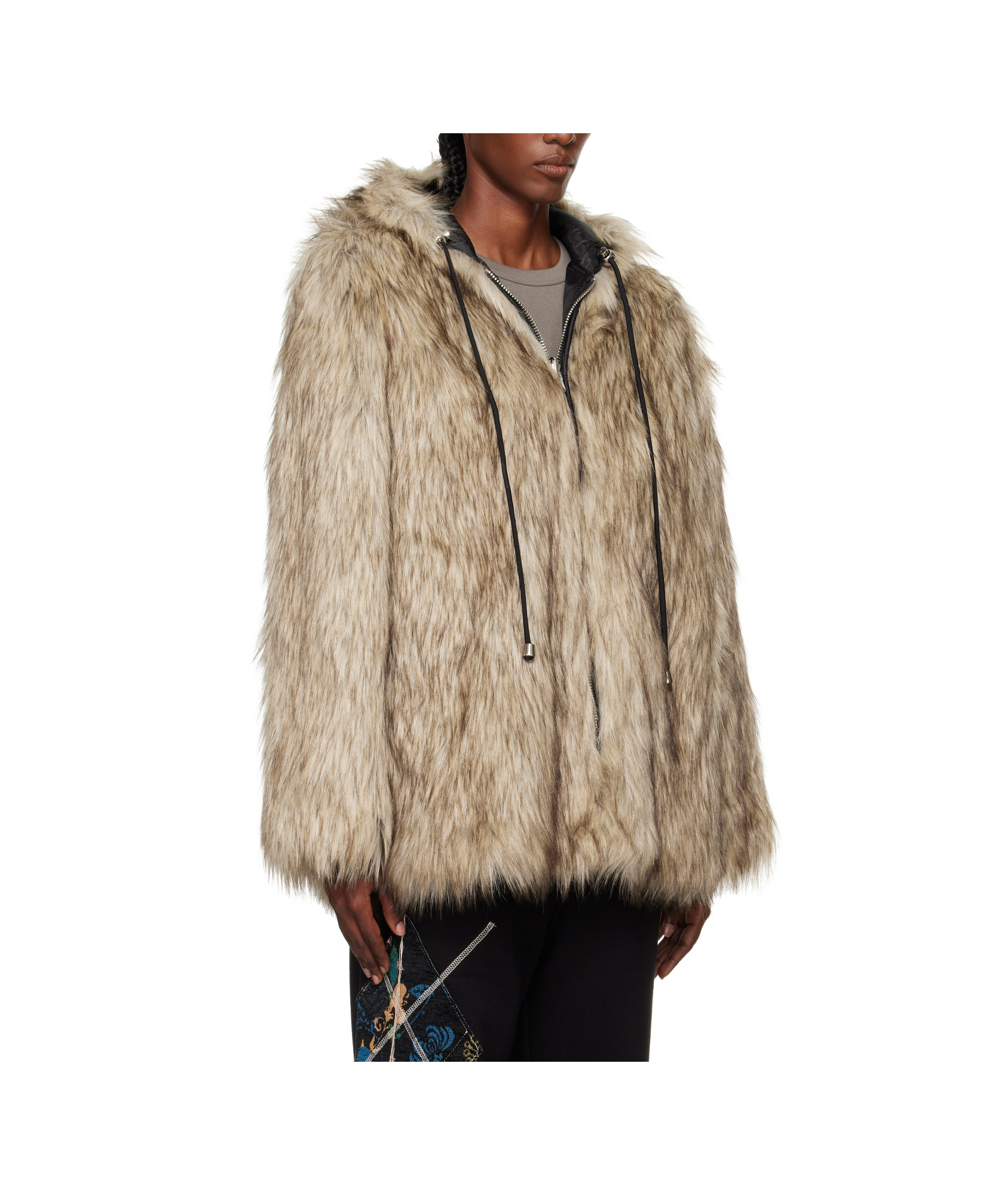 Open Yy Hooded Reversible Faux Fur Jacket In Neutral