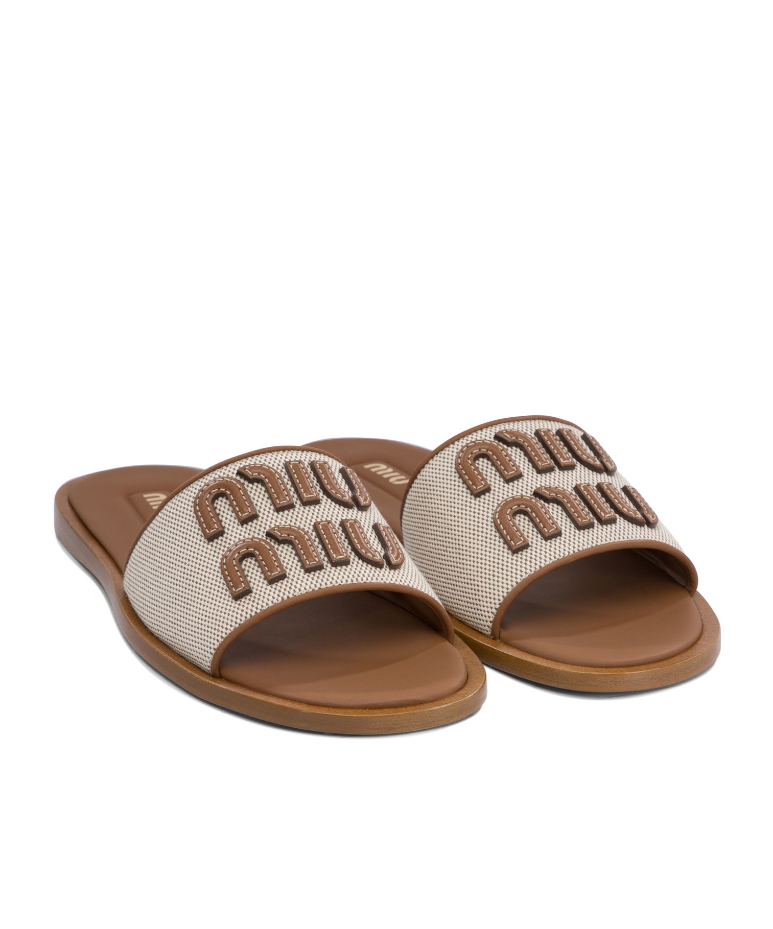 MIU MIU CANVAS AND LEATHER SLIDES