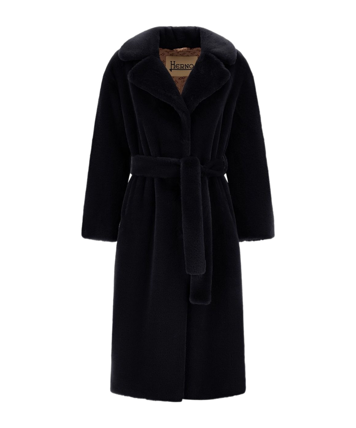 Herno Long Coat With Belted Waist And Notched Lapels In Black
