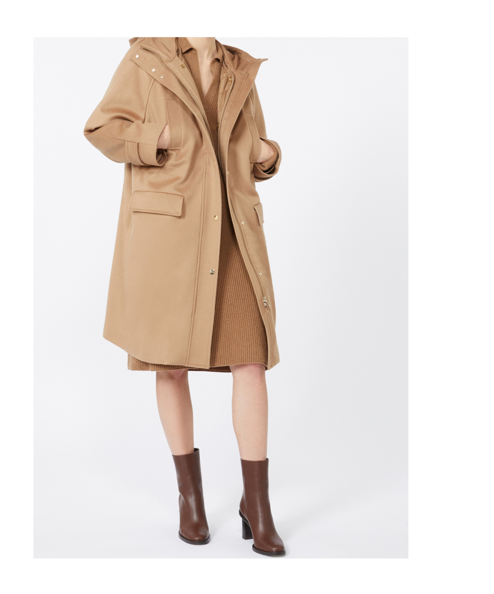 Max Mara Long Wool Broadcloth Parka In Brown