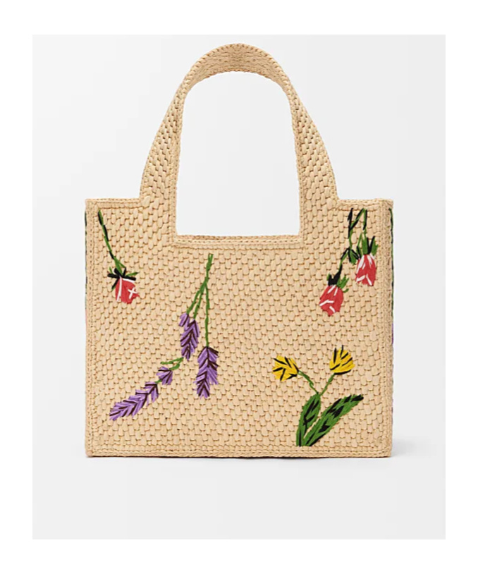 Loewe Font Flowers Small Raffia Tote Bag In Nude