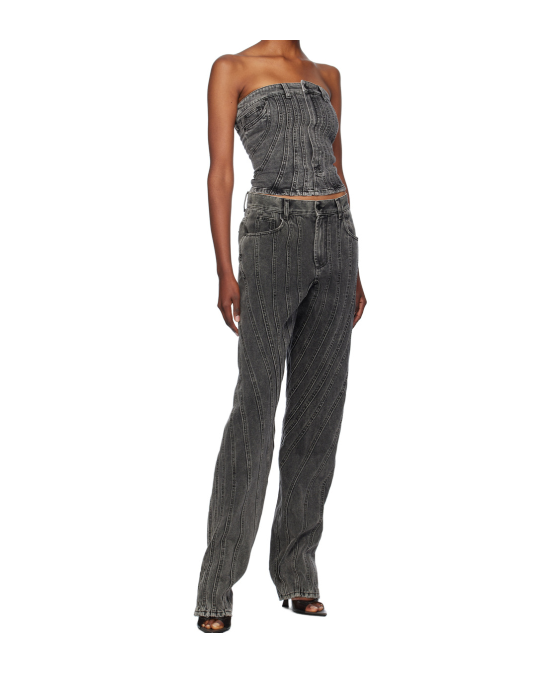 Mugler Spiral Denim Bustier In Black