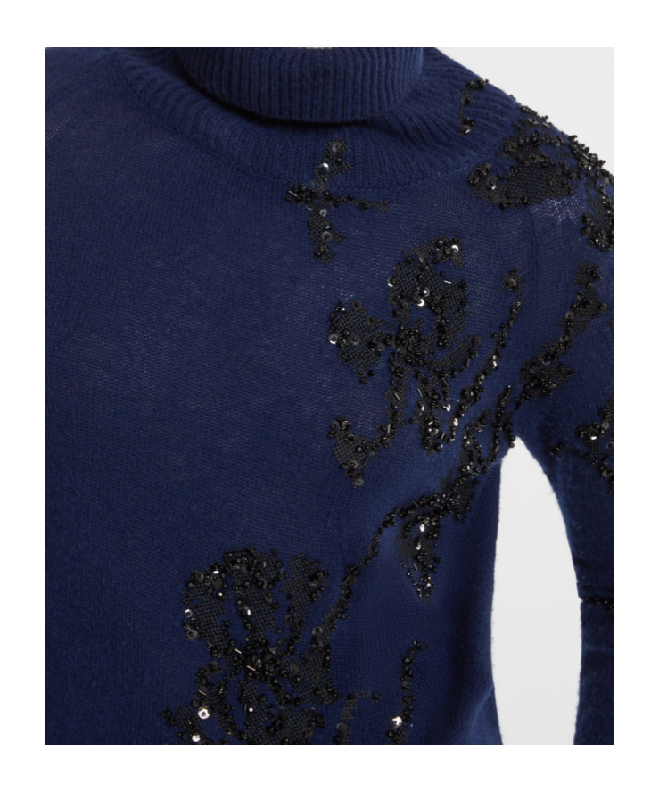 Ermanno Scervino Pure Cashmere Sweater With High Neck And Hand-embroidered Iris In Blue