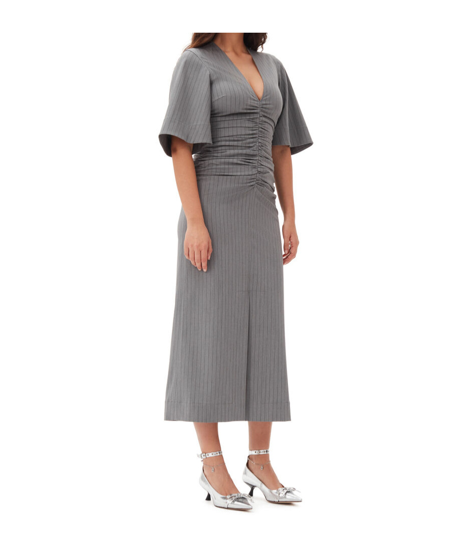 Ganni Women's Stripe Suiting V-neck Dress Grey | Size 32 | F9713039 In Gray