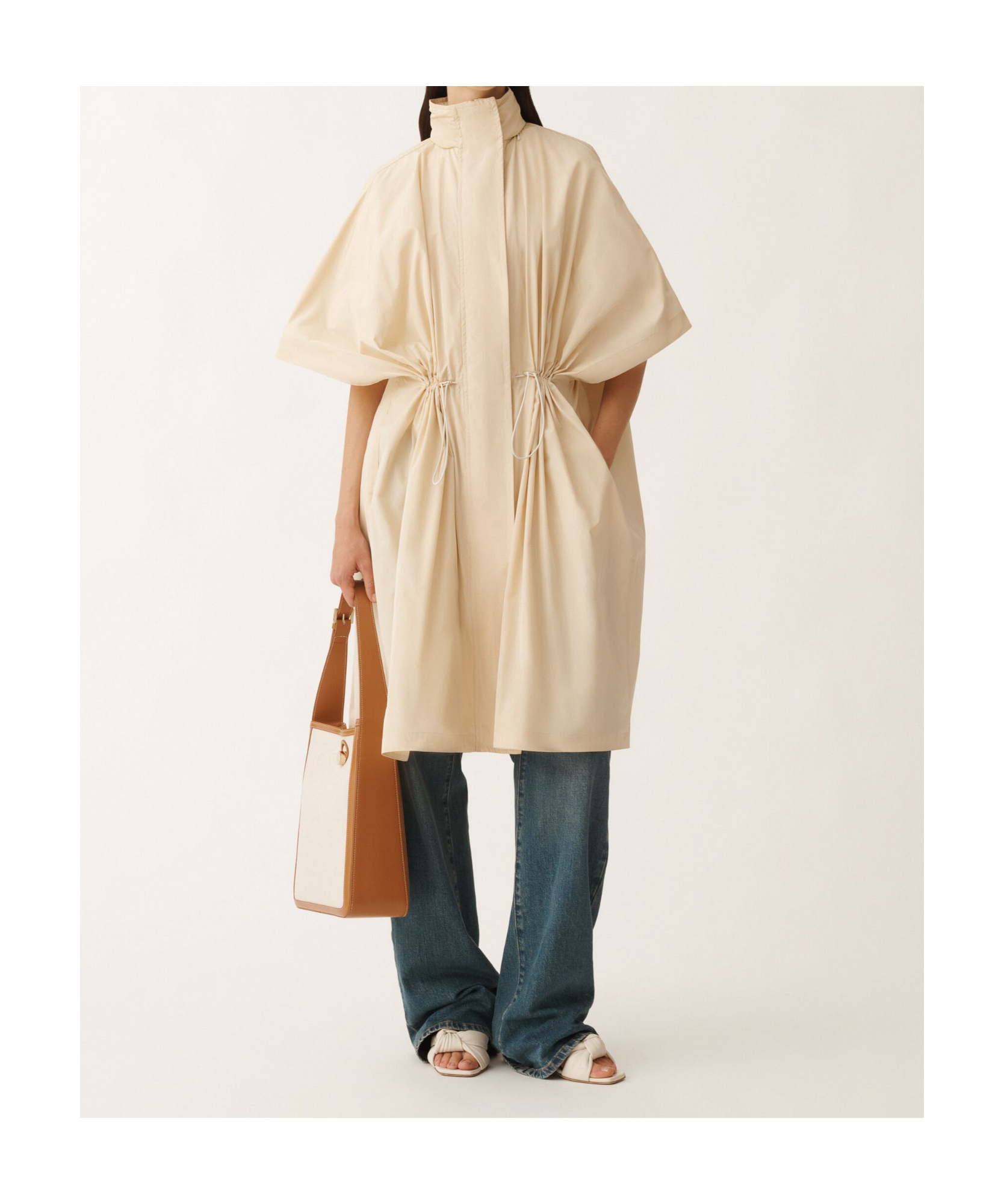 Shop Fabiana Filippi Tech Taffeta Drawstring Waist Long Cape In Nude