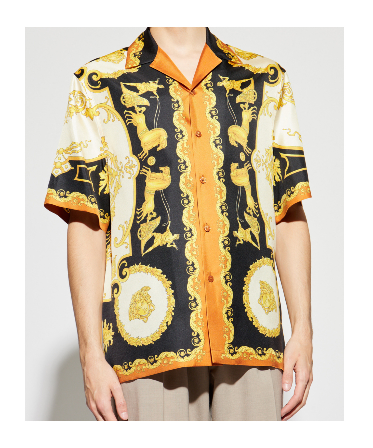 Versace Printed Silk Twill Regular Shirt In Yellow