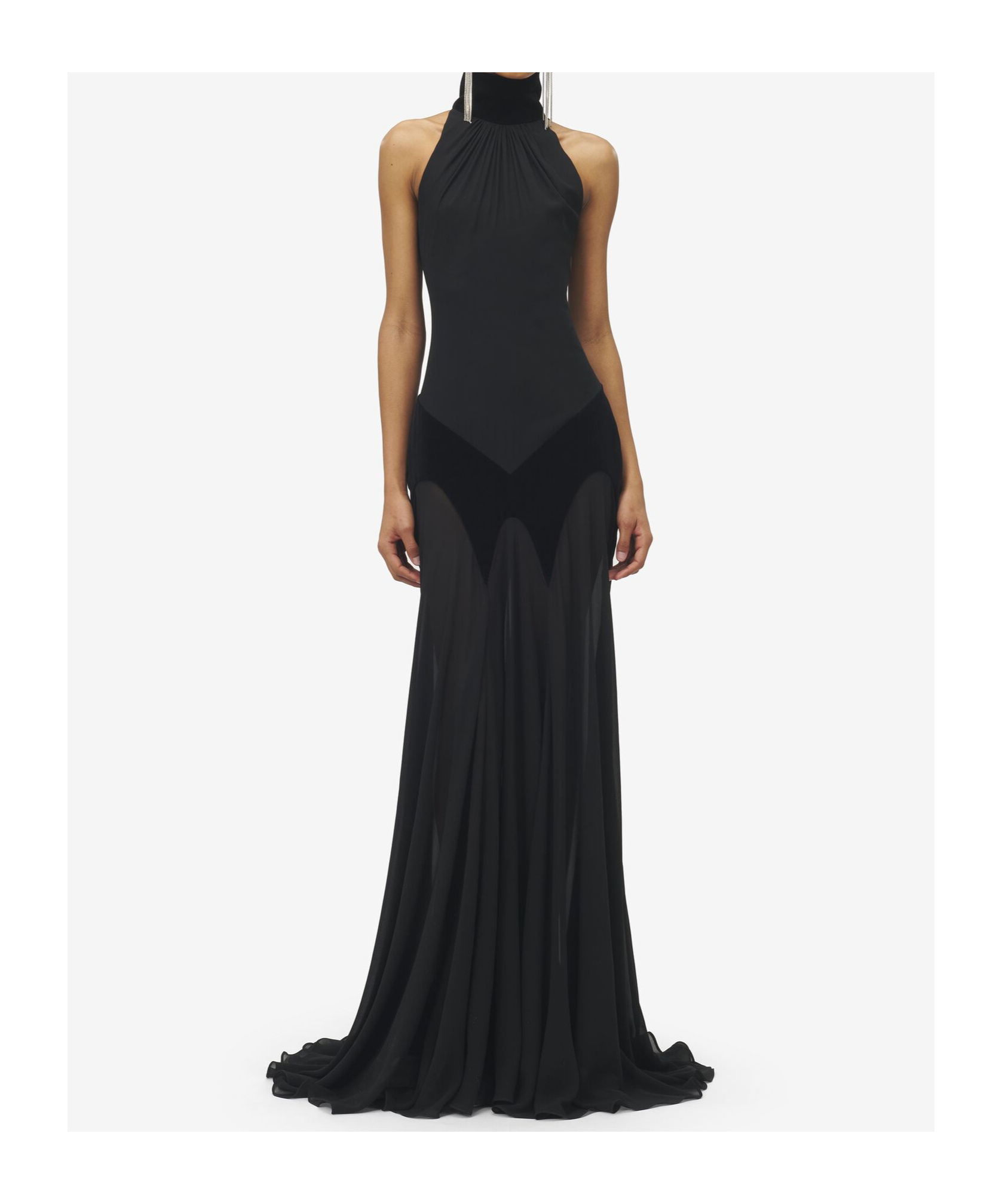 Alexander Mcqueen Cotton Velvet-trimmed Gathered Silk-georgette Turtleneck Gown In Black