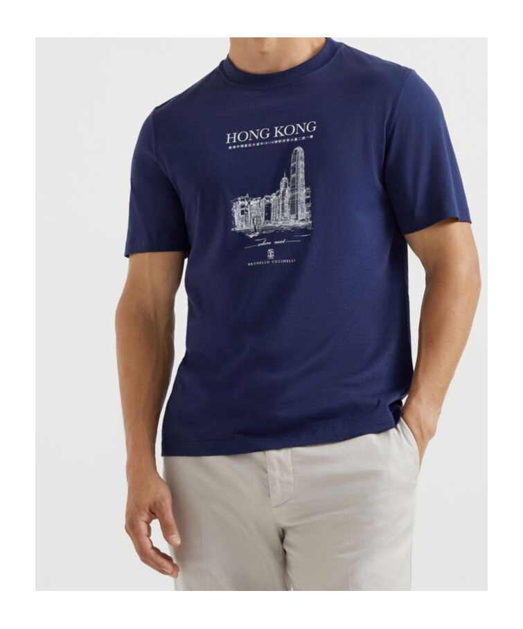 Brunello Cucinelli Cotton Hong Kong Graphic Print T-shirt In Blue