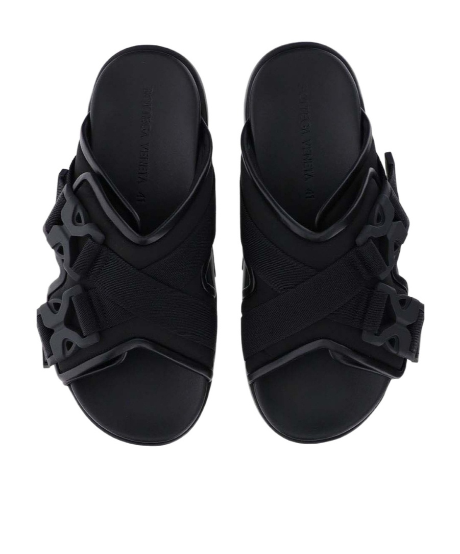 Bottega Veneta Luxurious Leather And Raffia Slides For Effortless Sophistication In Black