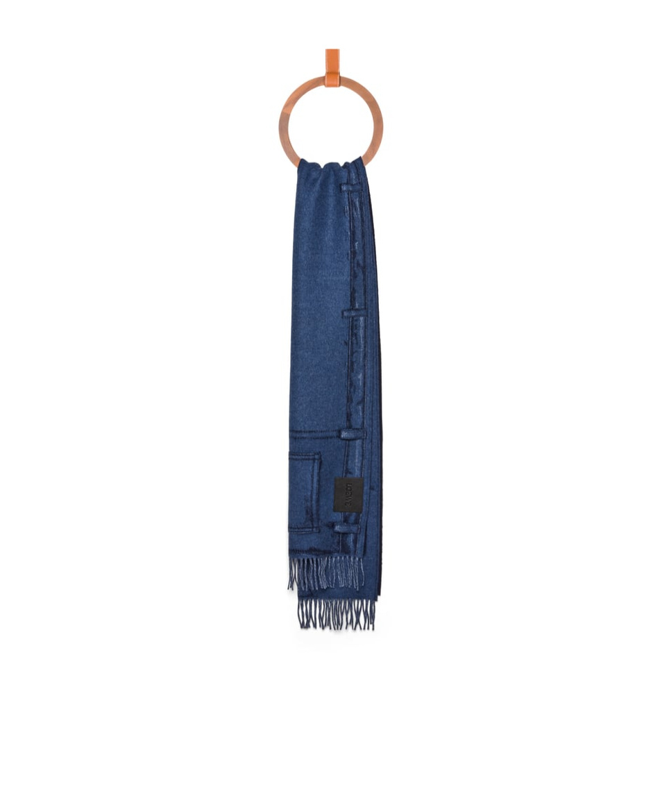 Loewe Womens Jeans Blue Denim-patchwork Anagram-embroidered Wool And Cashmere-blend Scarf In Blue