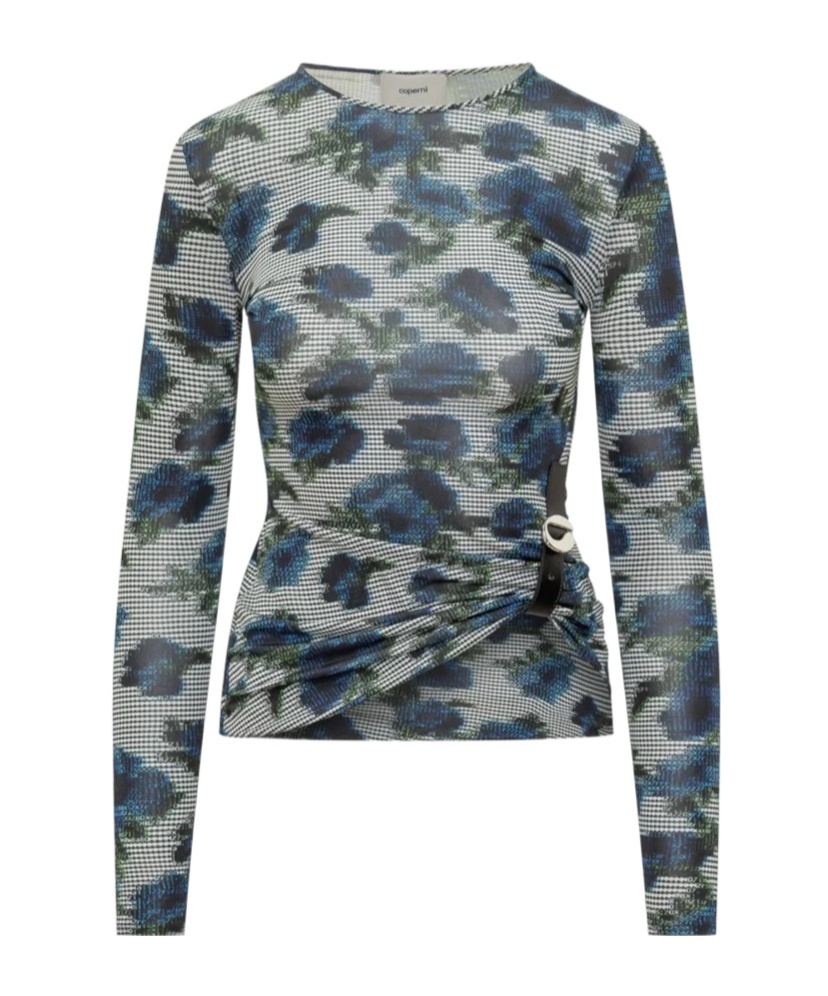 Coperni Top With Floral Print And Side Buckle In Blue