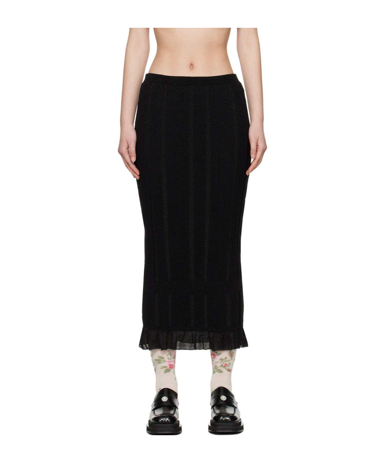 Simone Rocha Black Skinny Rib Frill Midi Skirt In Black