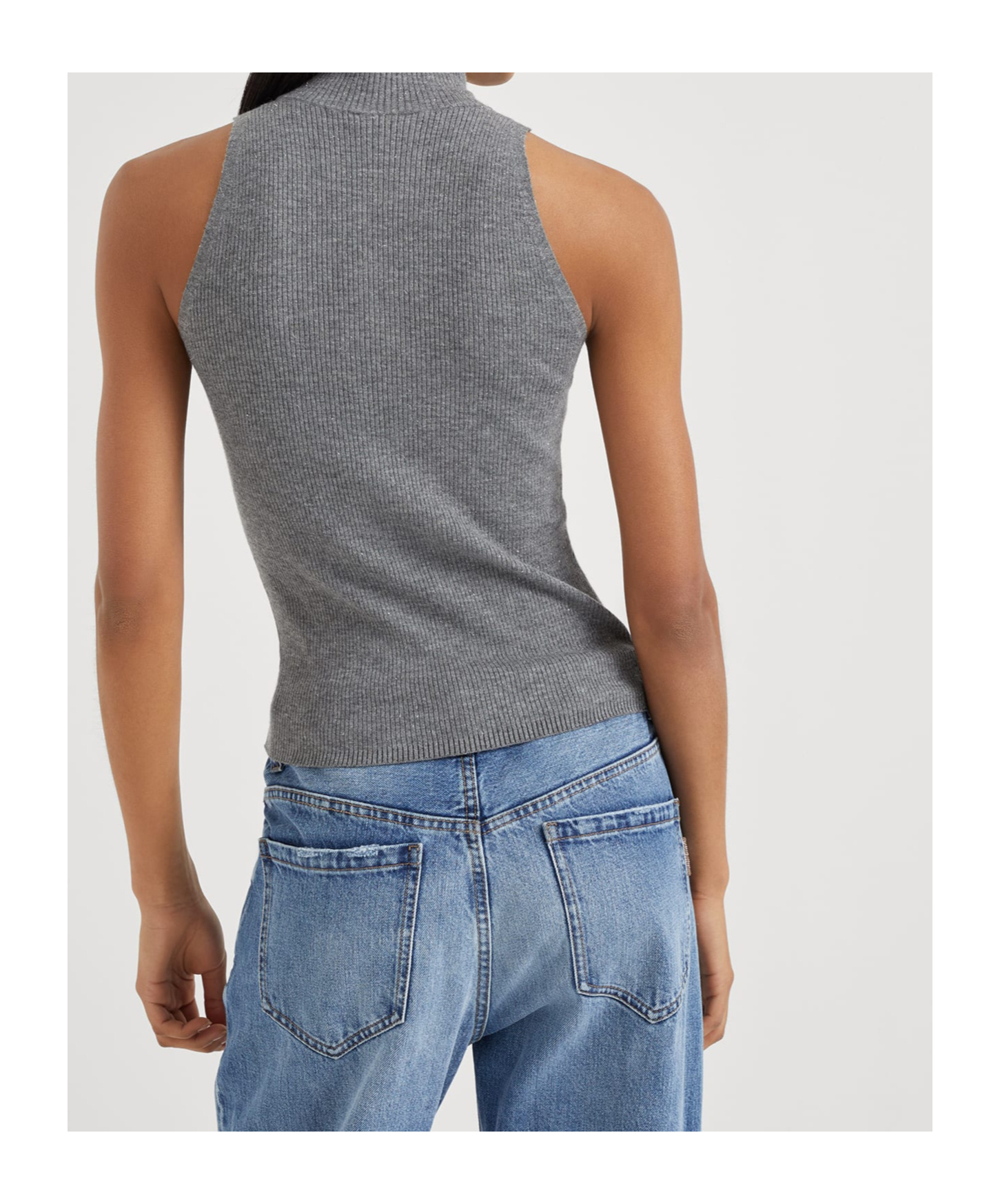 Brunello Cucinelli Sleeveless High Neckline Ribbed Top In Gray