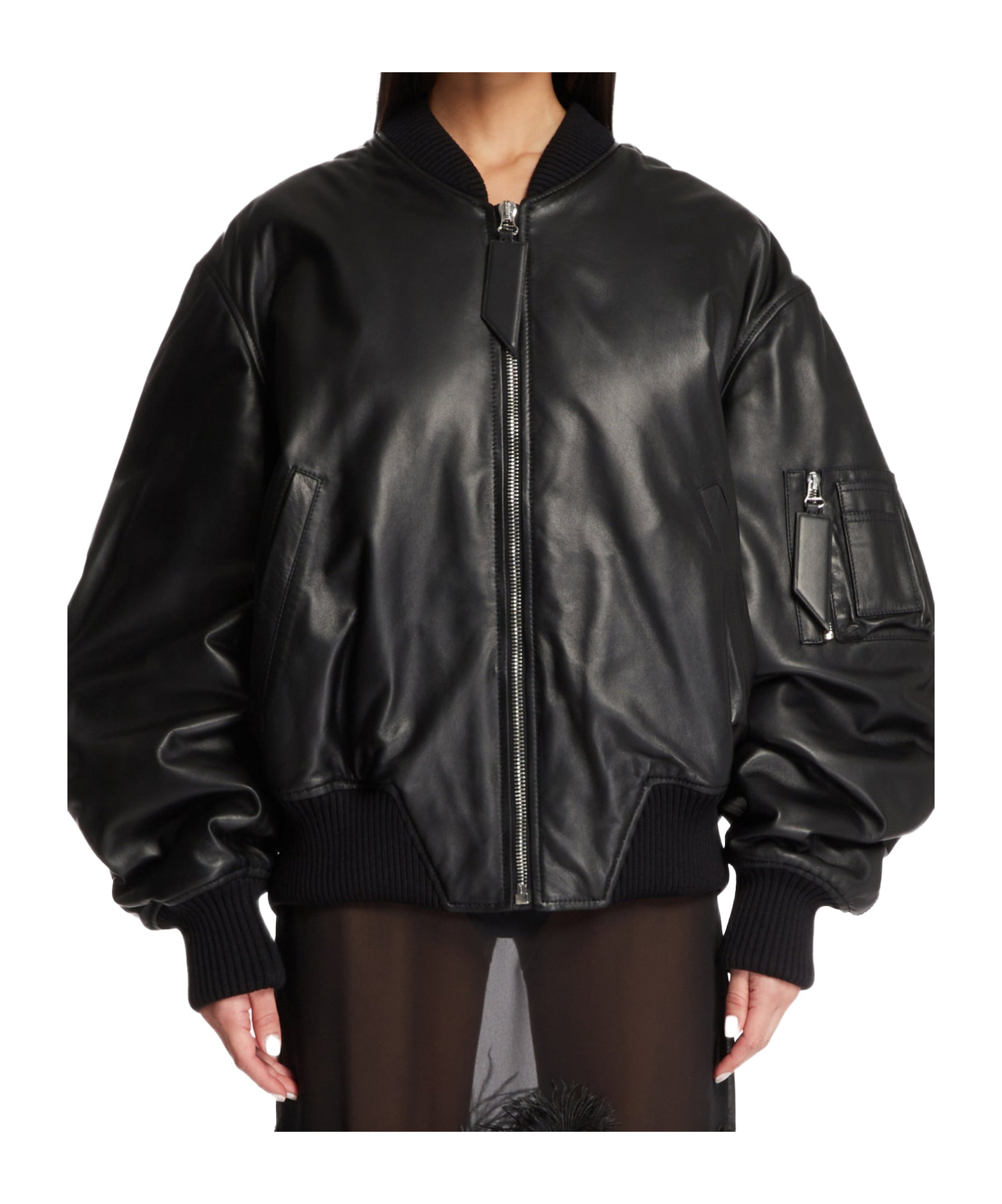Attico Bomber Jacket With Ribbed Collar And Zip Pockets In Black