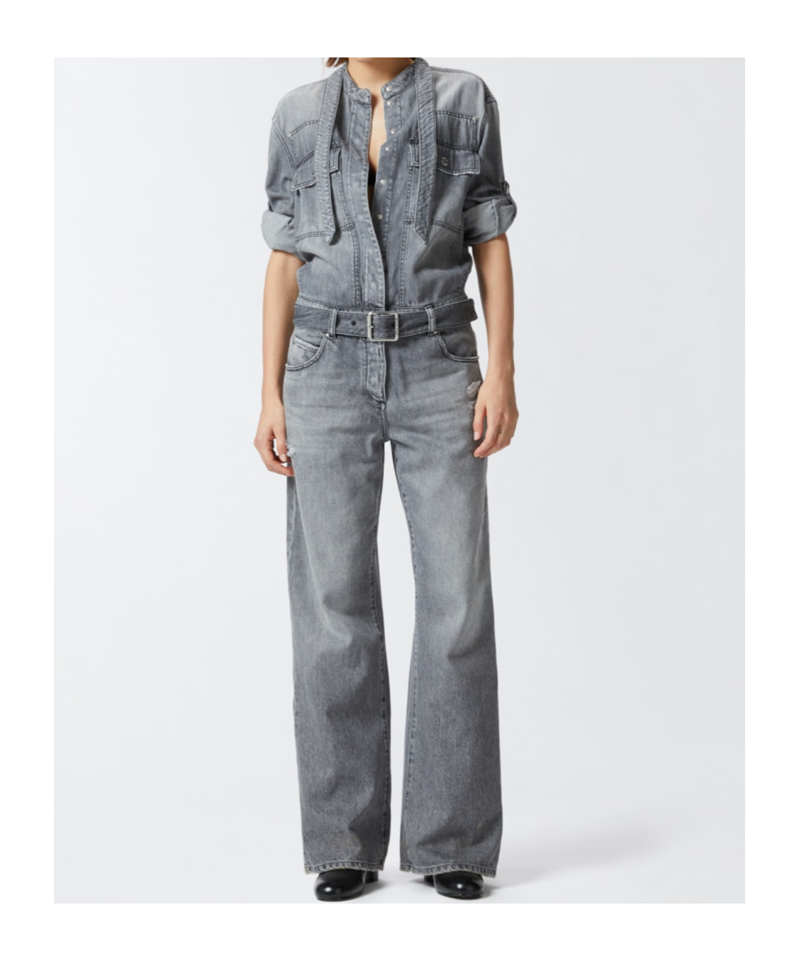 Pinko Bootcut Denim Jumpsuit In Gray