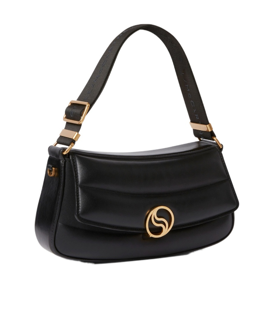 Stella Mccartney S-wave Logo Plaque Foldover Shoulder Bag In Black