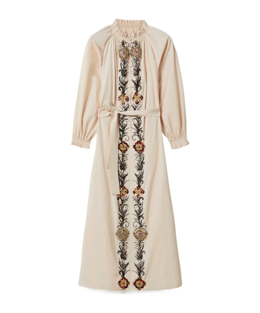 La Doublej Embroidered Ruffle-trimmed Dress In Brown