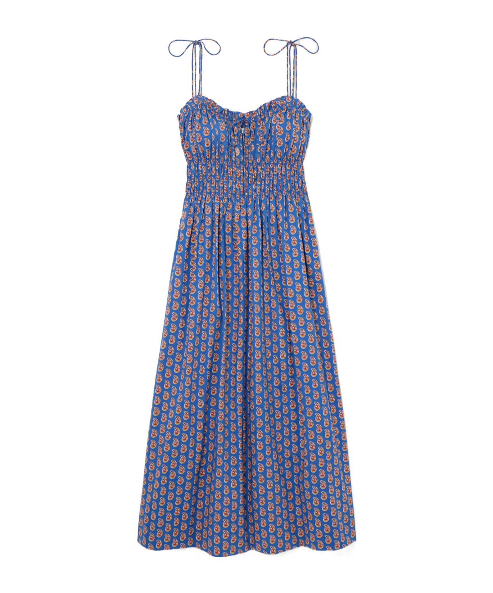 Doen Rhoda Shirred Paisley-print Organic Cotton-poplin Midi Dress In Blue