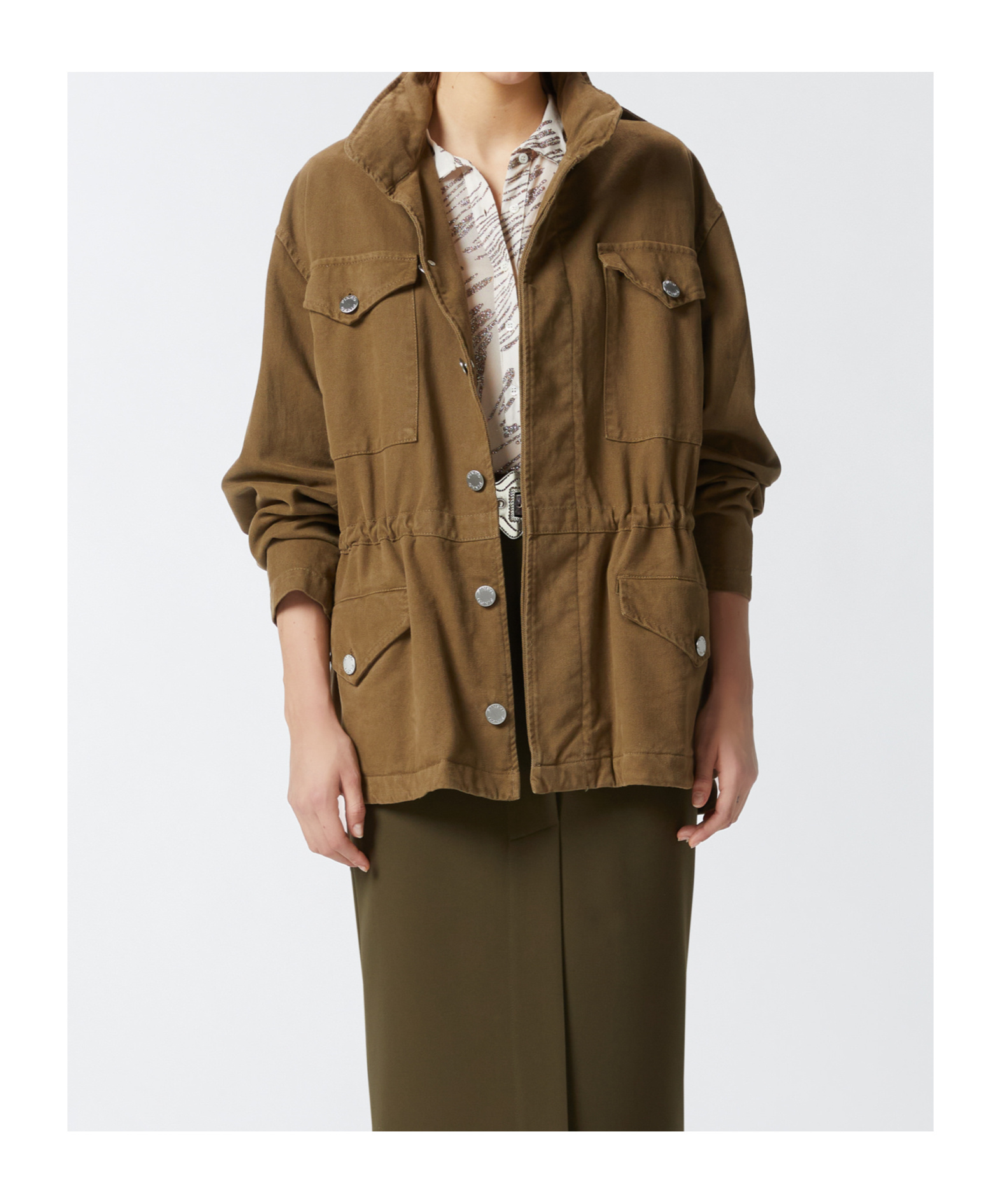Pinko Cotton Overshirt High-neck Jacket In Brown