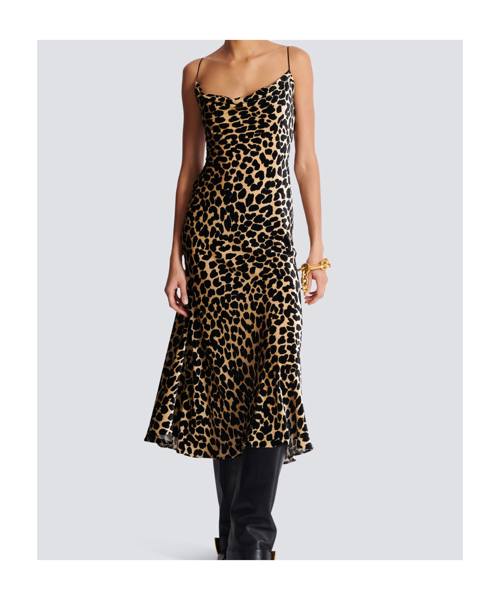 Balmain Leopard Print Cowl Neck Velvet Slip Dress In Animal Print