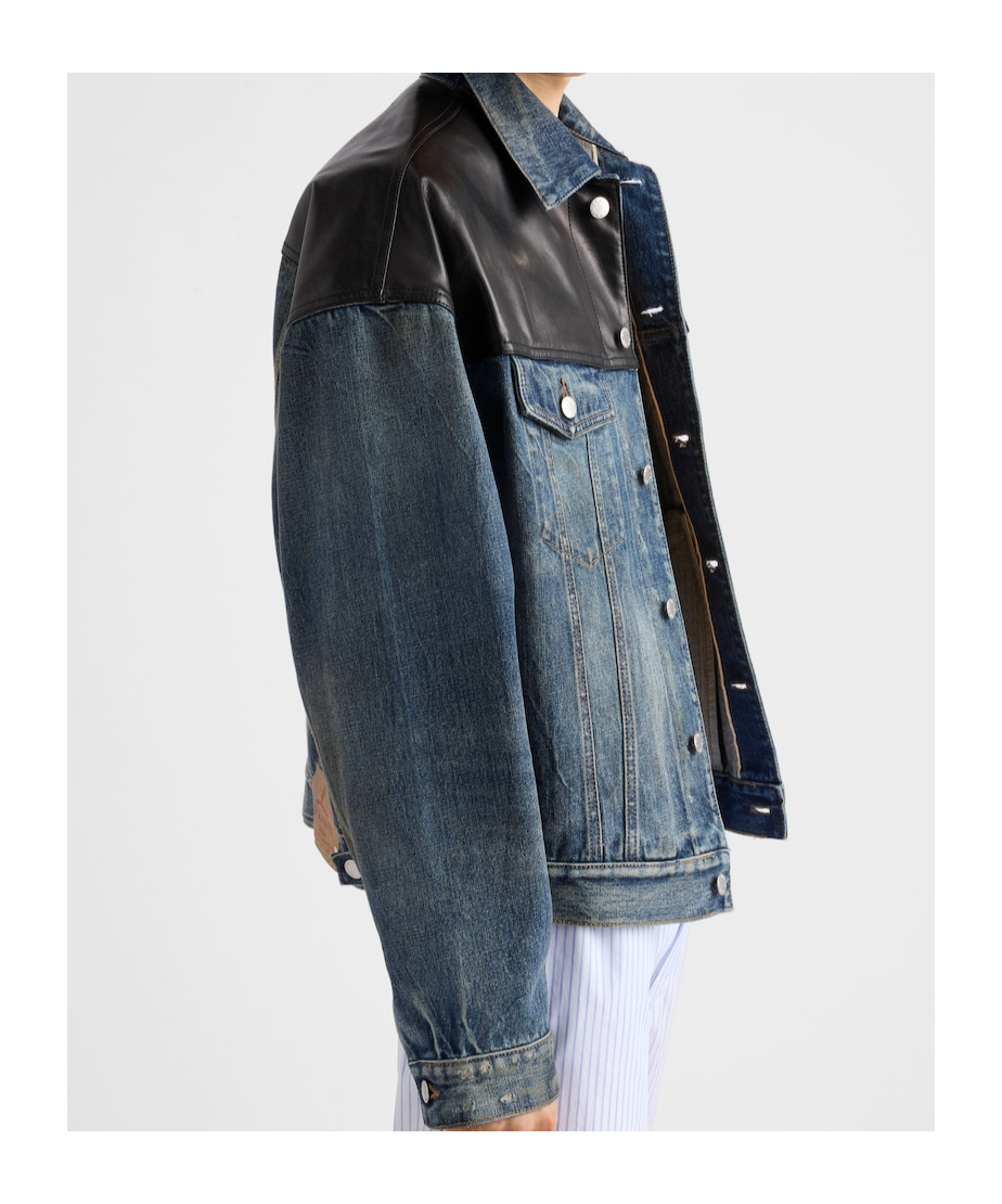 Prada Denim And Leather Jacket In Blue