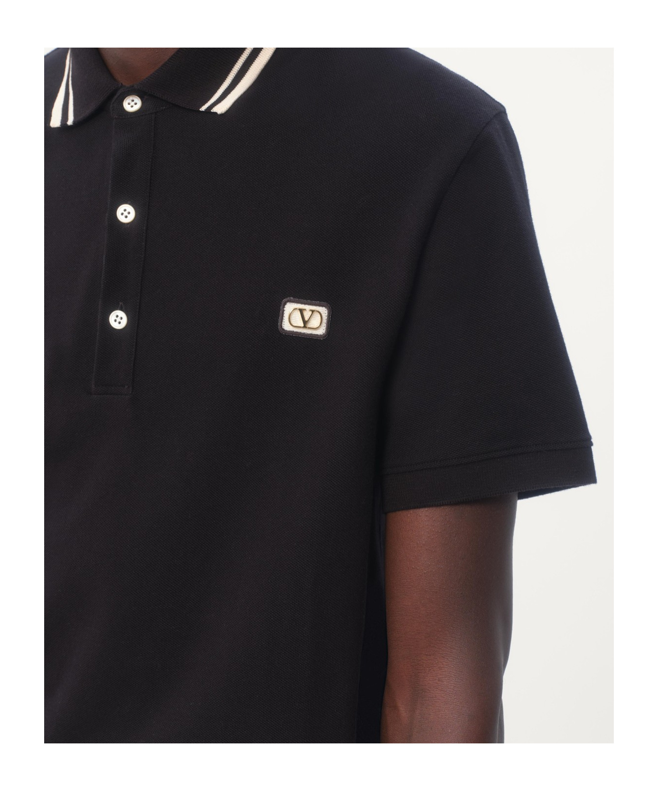 Valentino Garavani Black Polo Shirt With Classic Bicolor Collar And Logo Patch On The Front In Cotto In Black