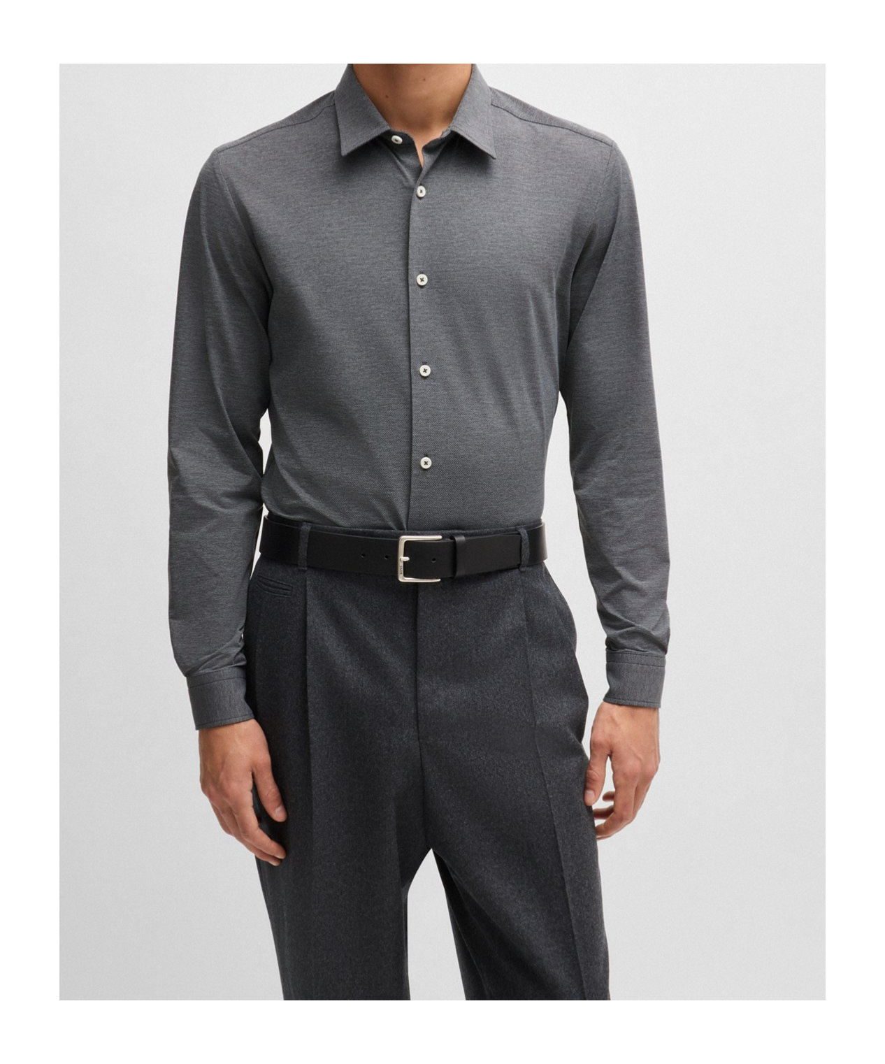 Hugo Boss Slim-fit Shirt In Melange Performance-stretch Jersey In Gray