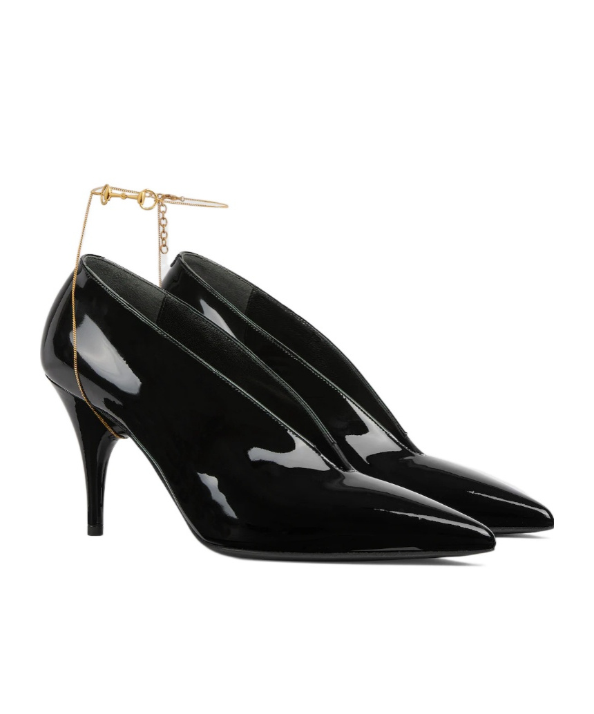 Gucci Musa Vernic Patent Leather Anklet Pumps In Black
