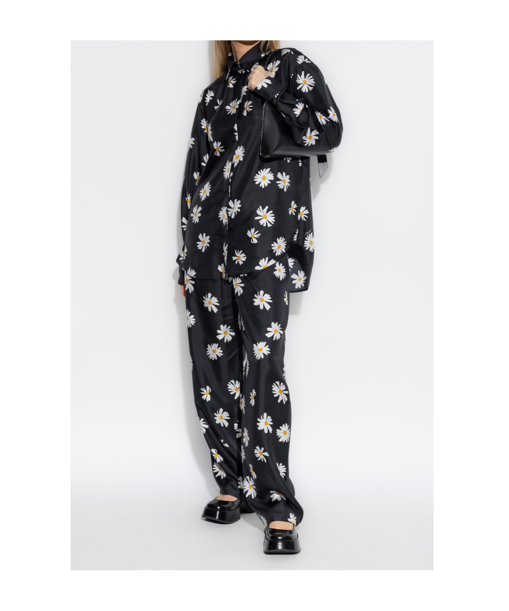 Moschino All-over Daisy Print Silk Twill Shirt In Black
