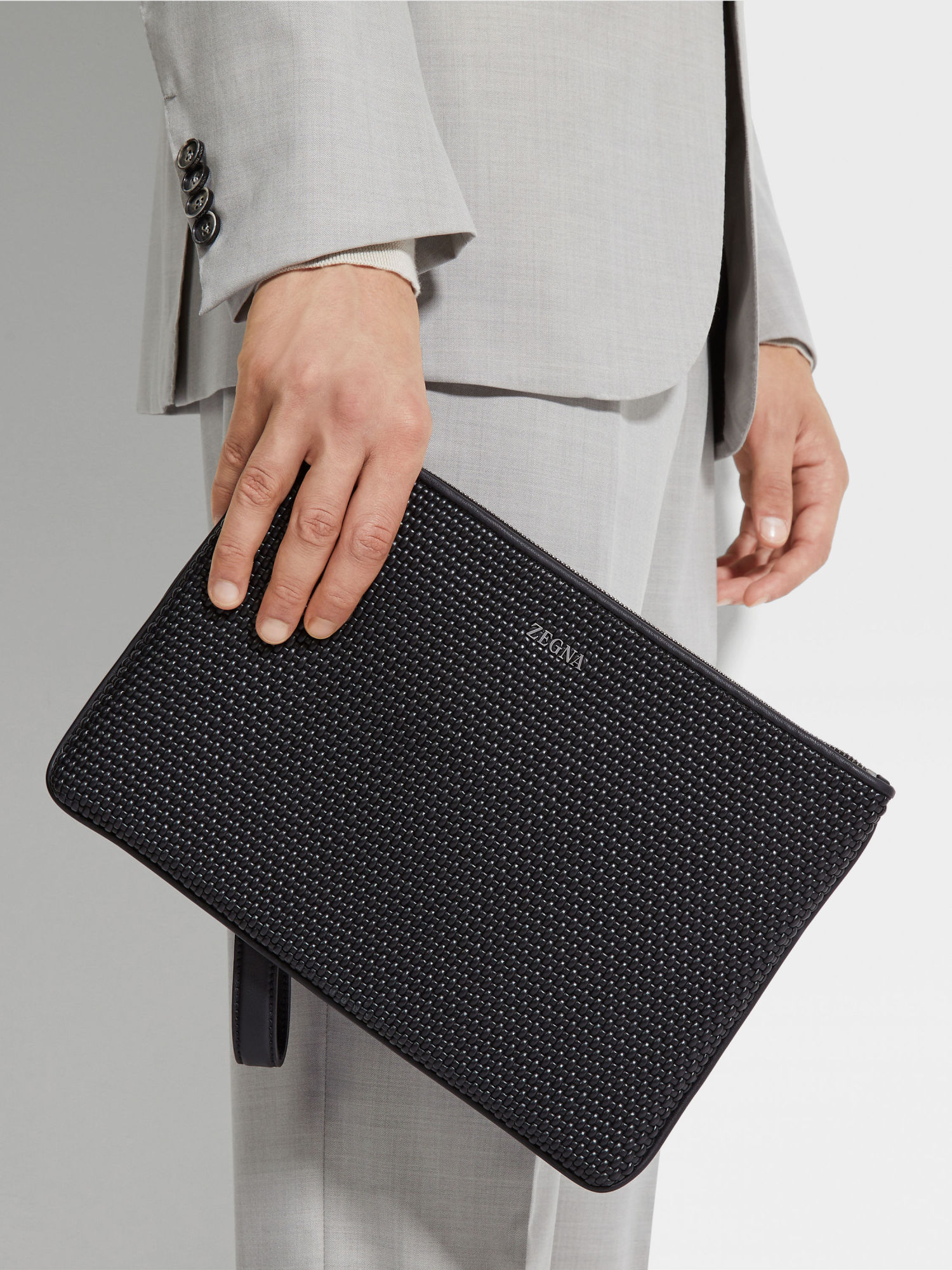 Zegna Z Logo Lettering Woven Zipped Pouch In Black