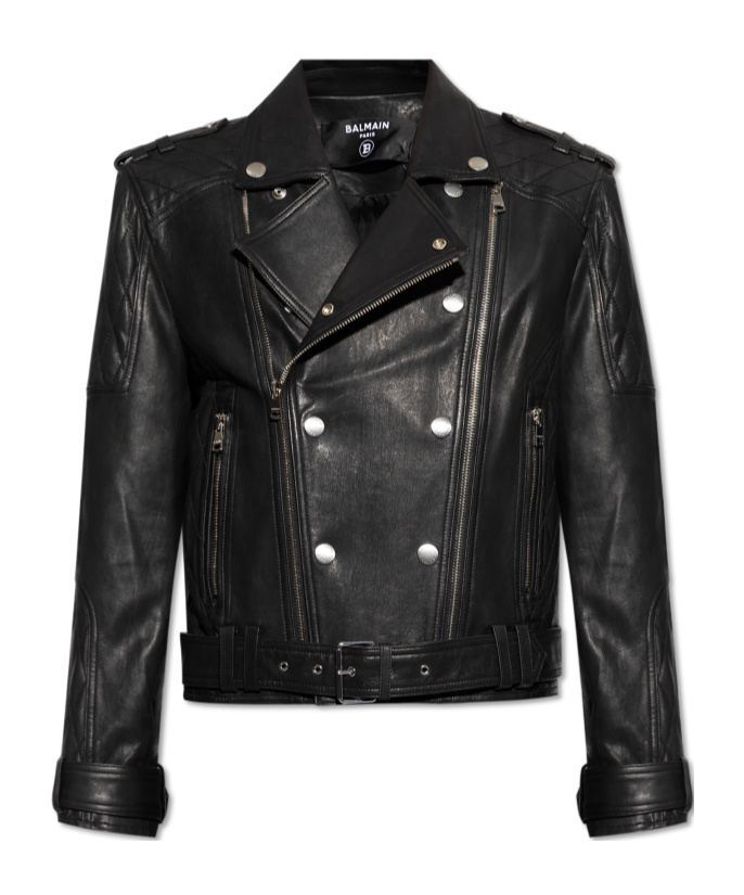 Balmain Double-breasted Leather Biker Jacket In Black