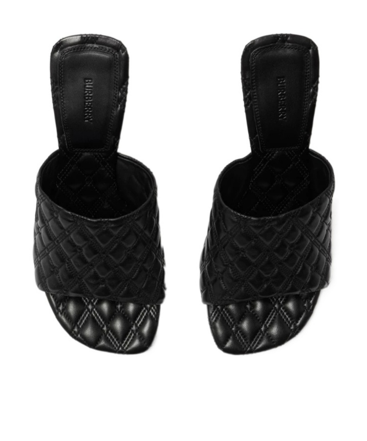 Burberry Quilted Leather Rose Mule Sandals In Black