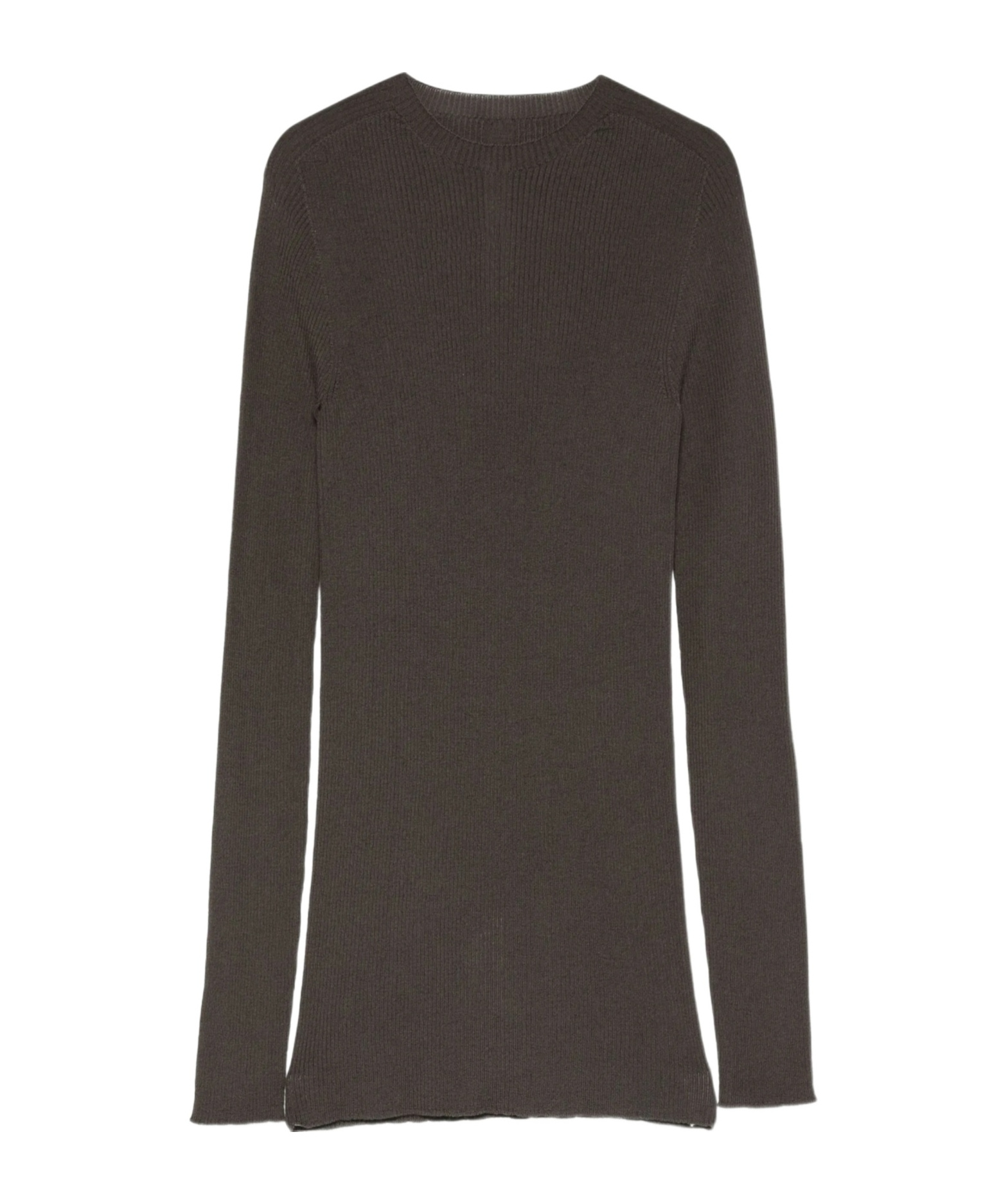 Rick Owens Slim Fit Ribbed Knit Sweater With Raw-edged Hem In Brown