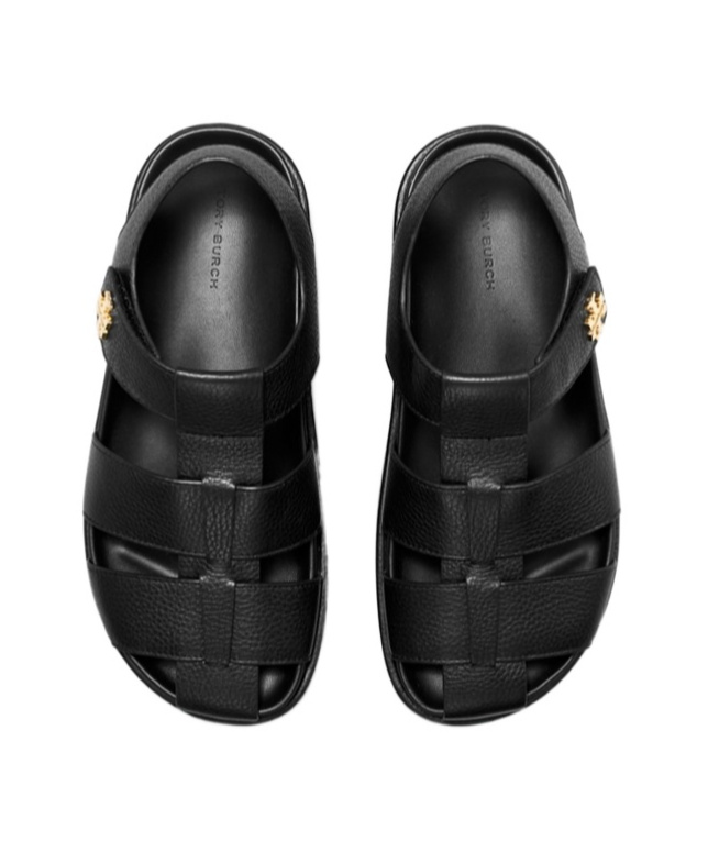 Tory Burch Kira Black Sandals With Logo Plaque In Grained Leather Woman In Black