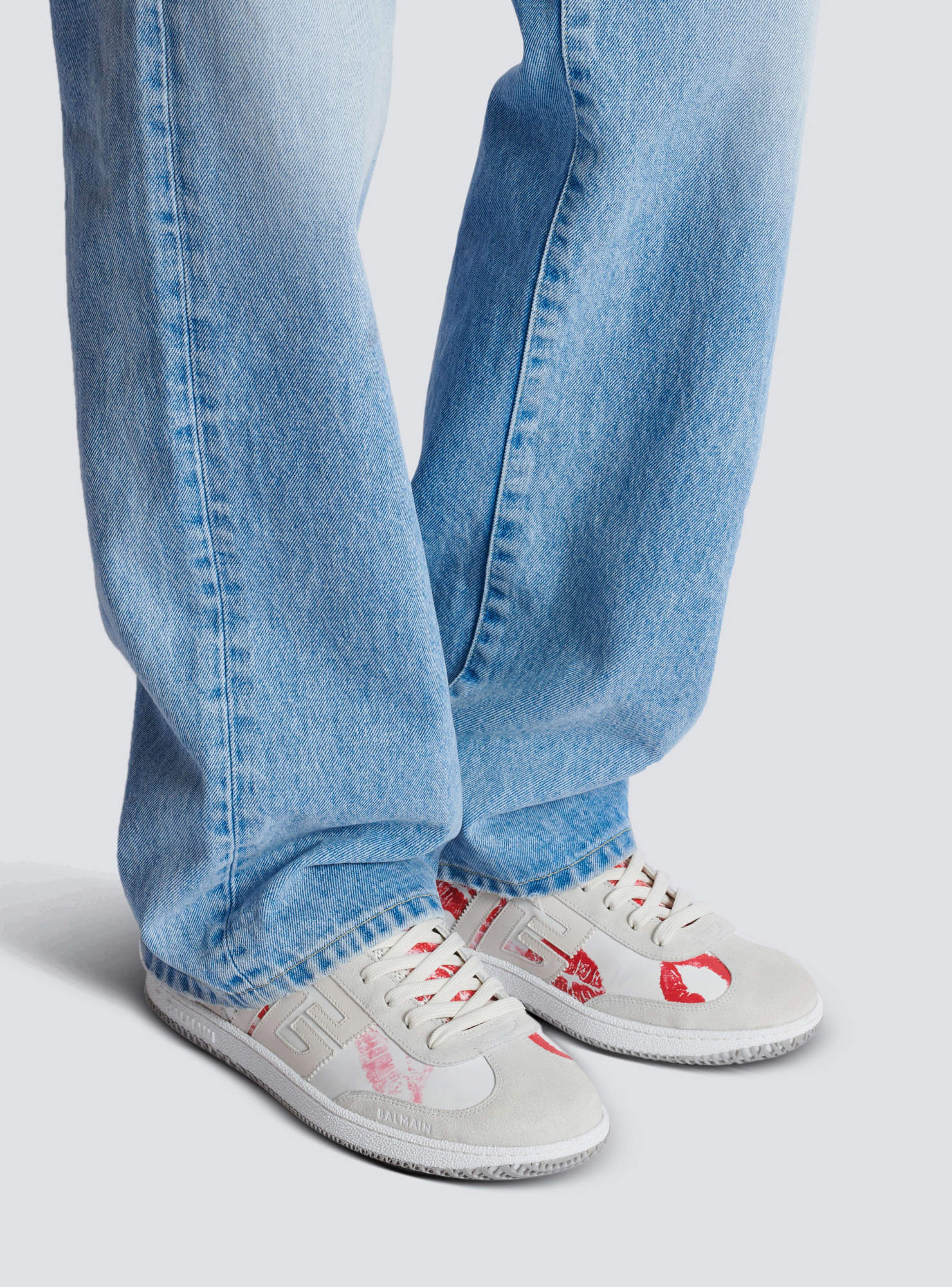 Balmain Swan Sneakers In Leather And Suede Color White And Red In White