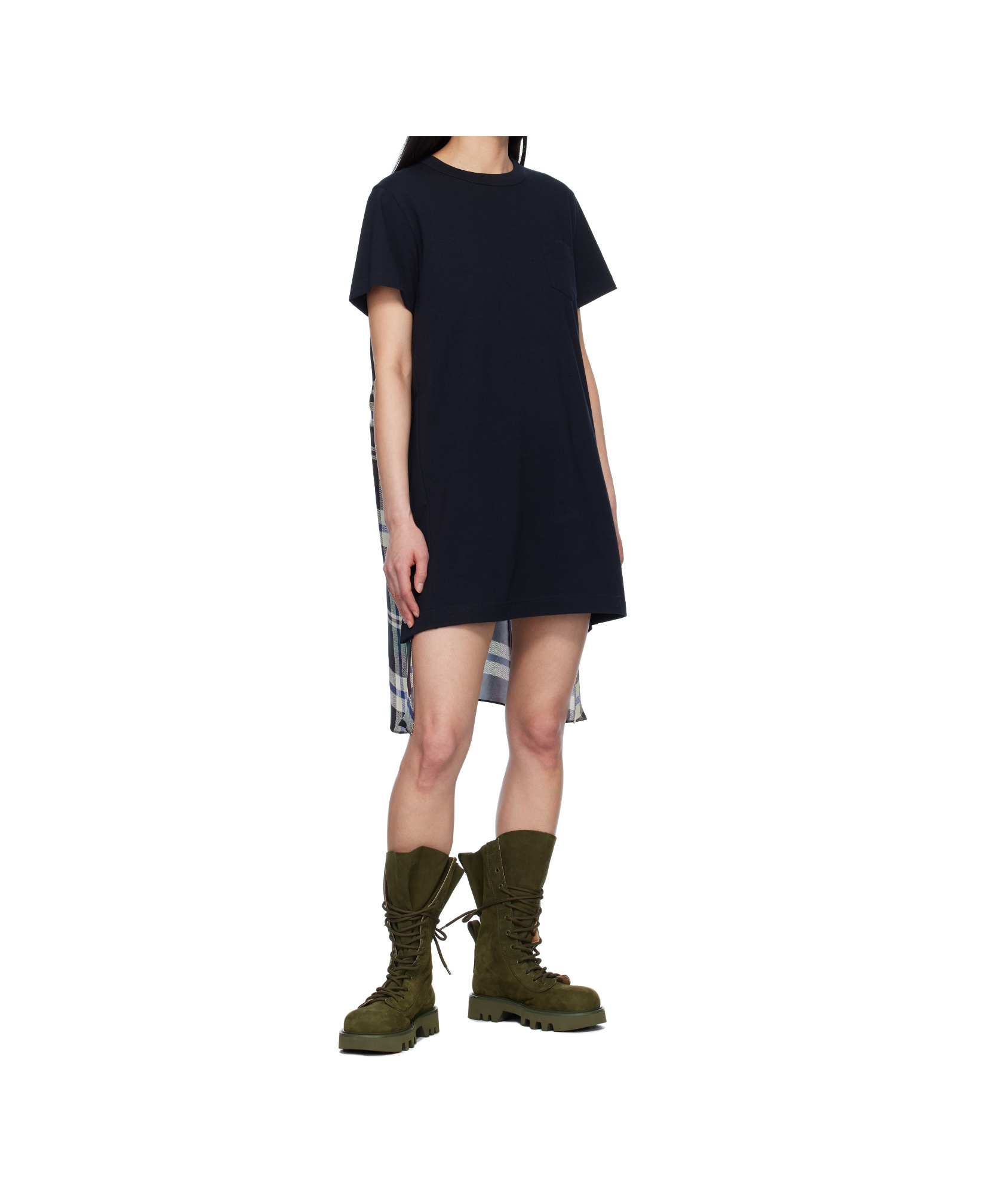 Sacai Black & Green Plaid Print Cotton Jersey Minidress In Green/brown