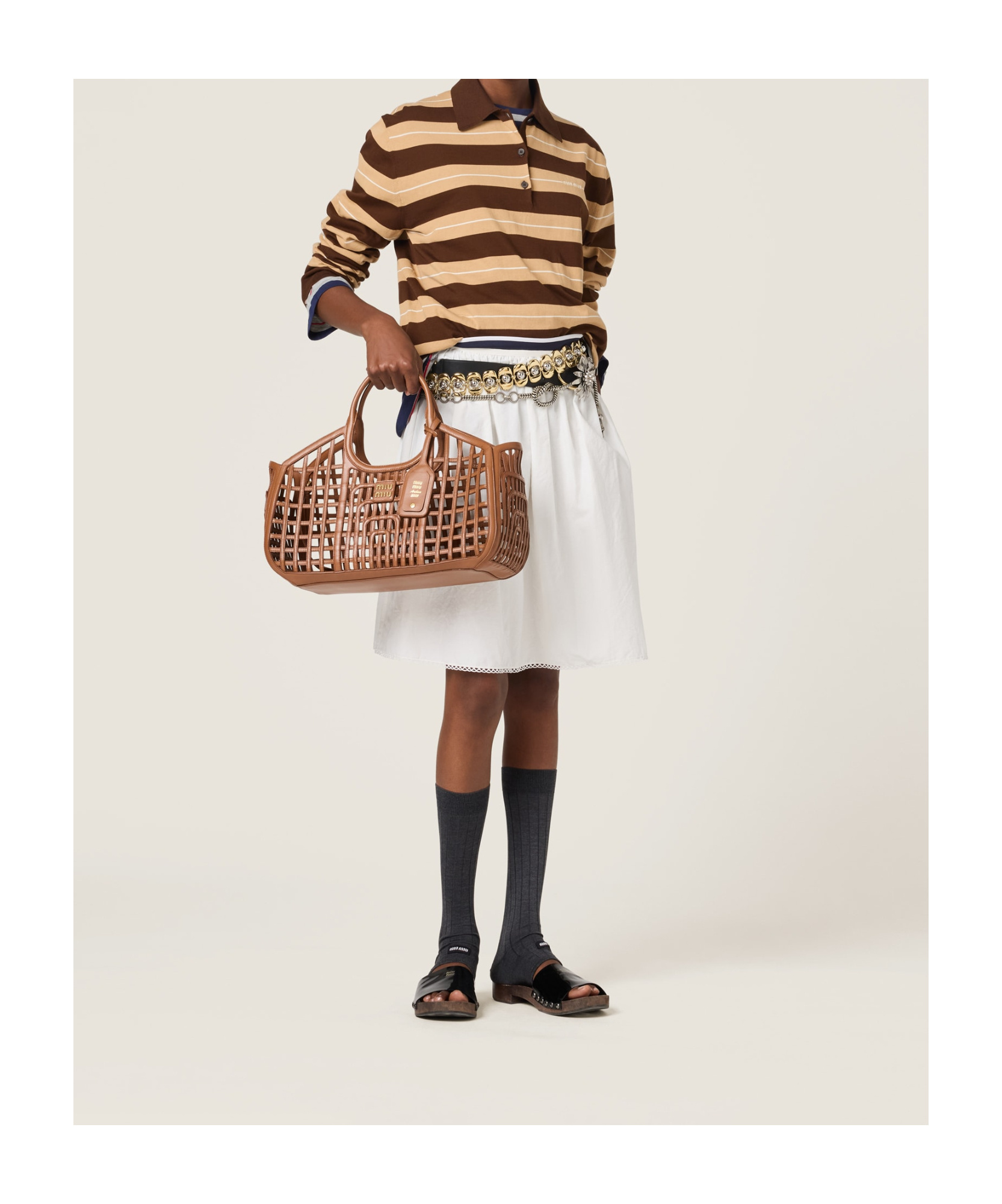 Miu Miu Striped Cotton Knit Long-sleeve Polo In Brown