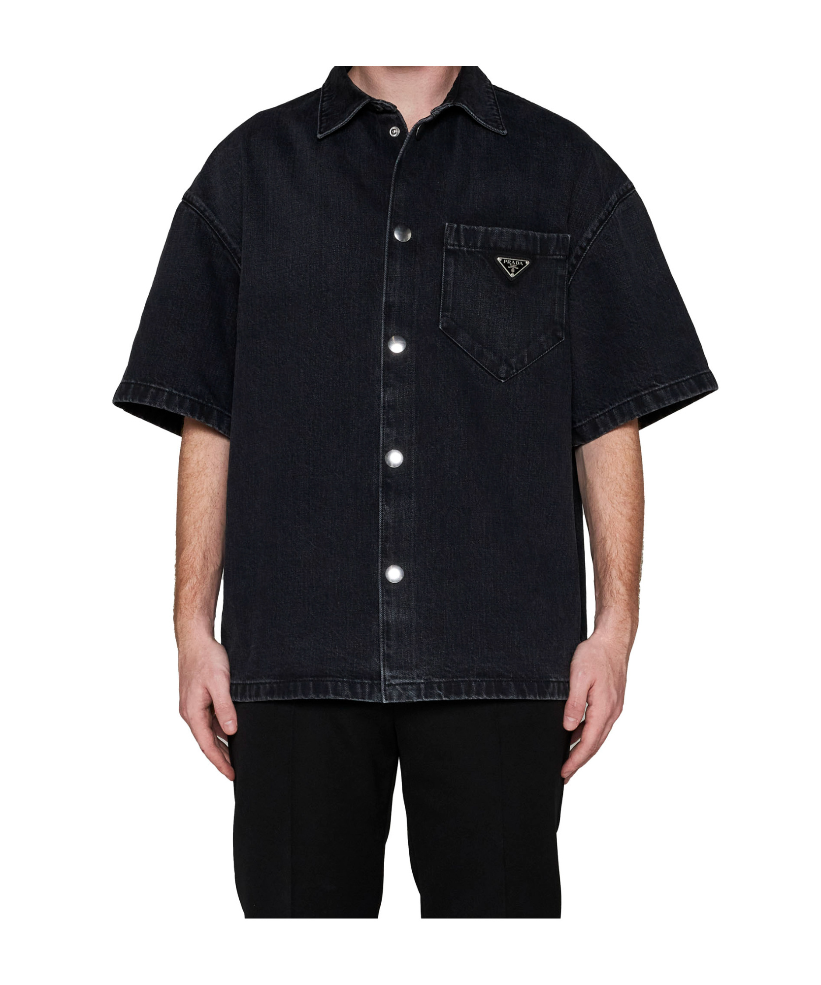 Prada Logo Plaque Short Sleeved Denim Shirt In Black