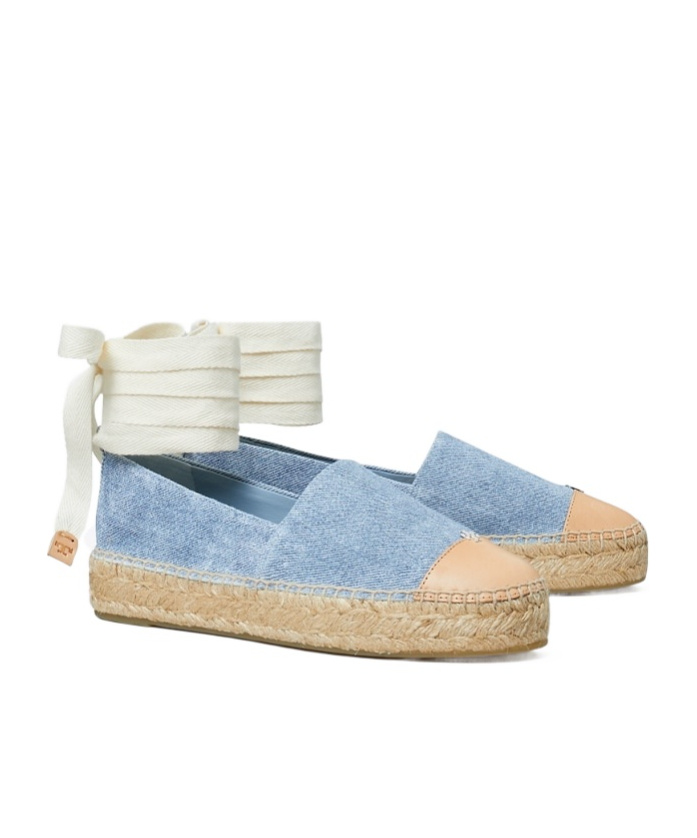 Tory Burch Bicolor Denim Ankle-wrap Espadrilles In Blue