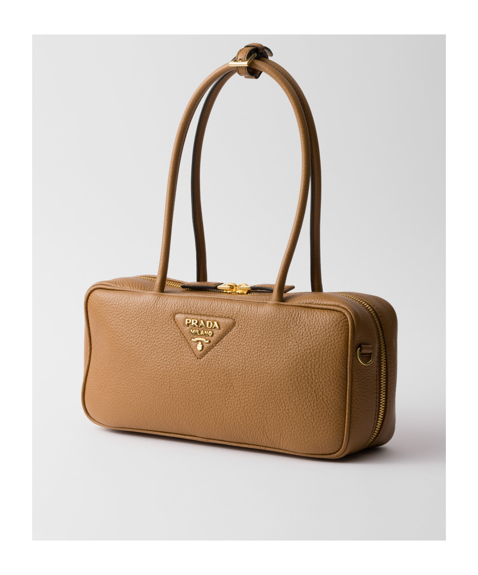 Prada Leather Shoulder Bag Double Handles Rectangular In Brown