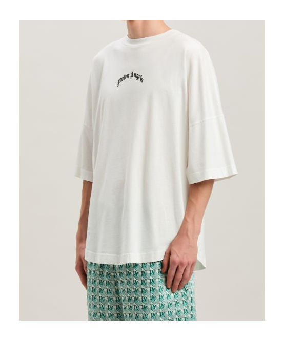 Palm Angels White Black Curved Logo T-shirt In White