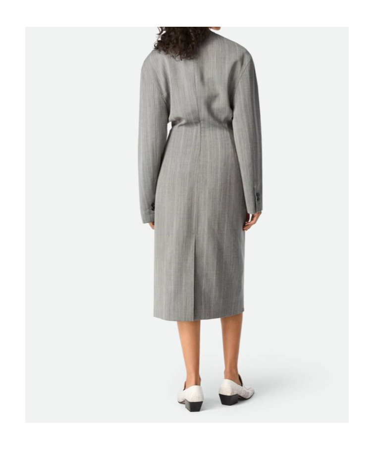 Bottega Veneta Subtle Stripe Melange Wool Dress With Frog Brooch In Volcano/bean Mixed Color