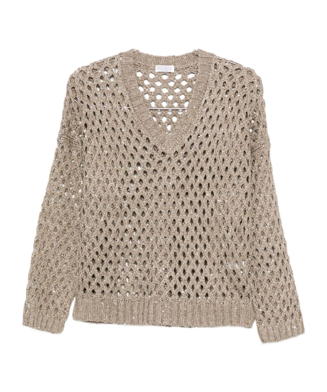 Brunello Cucinelli Sequin-embellished Open-knit Sweater In Brown