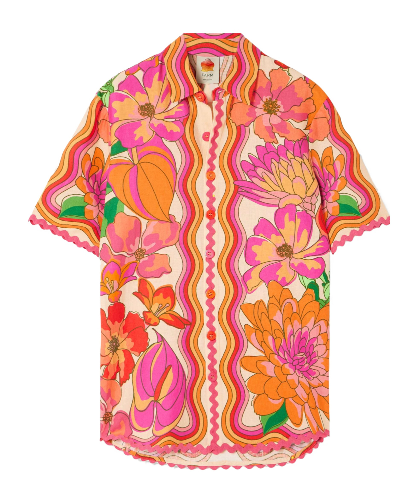 Farm Rio Spring Affair Linen Short-sleeve Buttondown Shirt