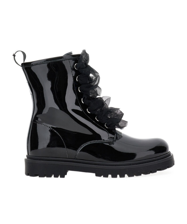 Monnalisa Ruffled Patent-leather Combat Boots In Black